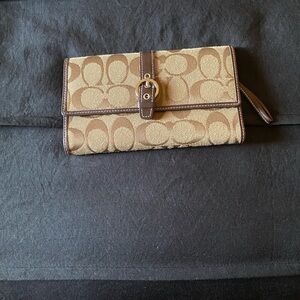 Coach Tan and Brown Signature Canvas Wristlet Clutch